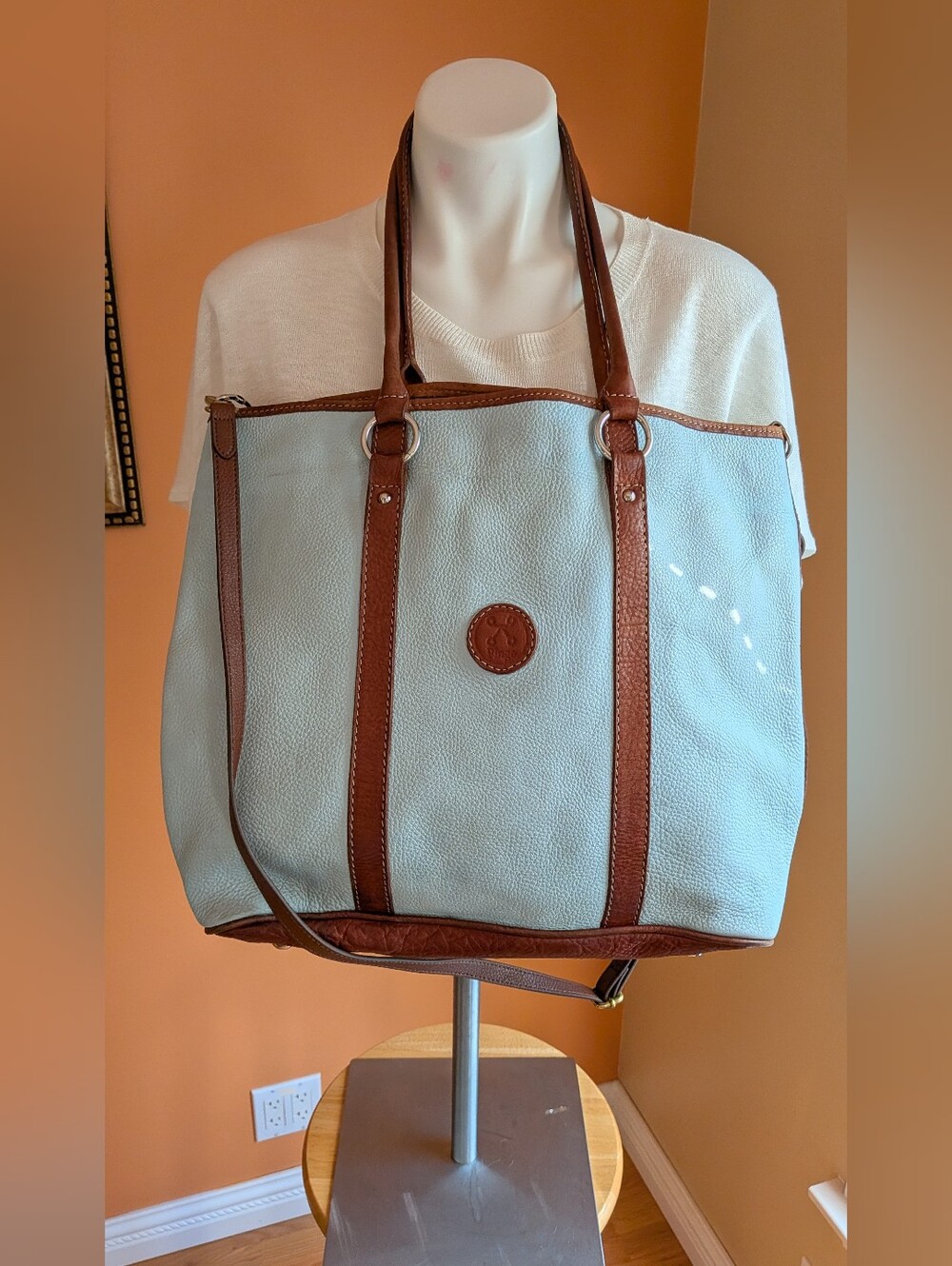 Pingo Light Blue Leather Tote with Brown Trim